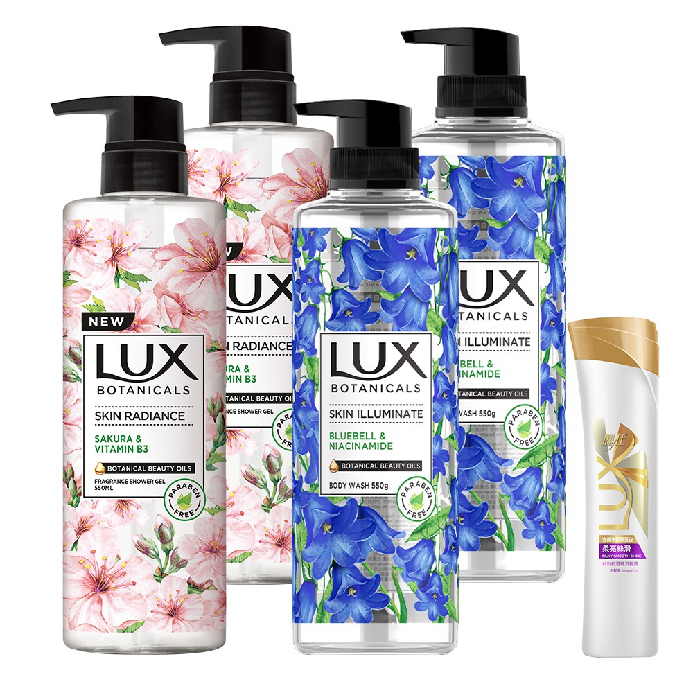 LUX 麗仕 植萃精油香氛沐浴露550Gx4入款式:無花果/天堂鳥/小蒼蘭/藍風鈴/忍冬花/櫻花 6款可選，需以選項為主，恕無法自行混搭。贈品:贈LBP帆布袋+沐浴乳200ml(款式隨機出，數量有限送