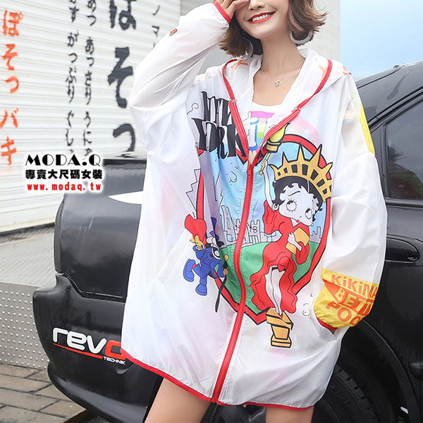 ＊MoDa.Q中大尺碼＊【C9987】超可愛卡通印花連帽口袋遮陽外套