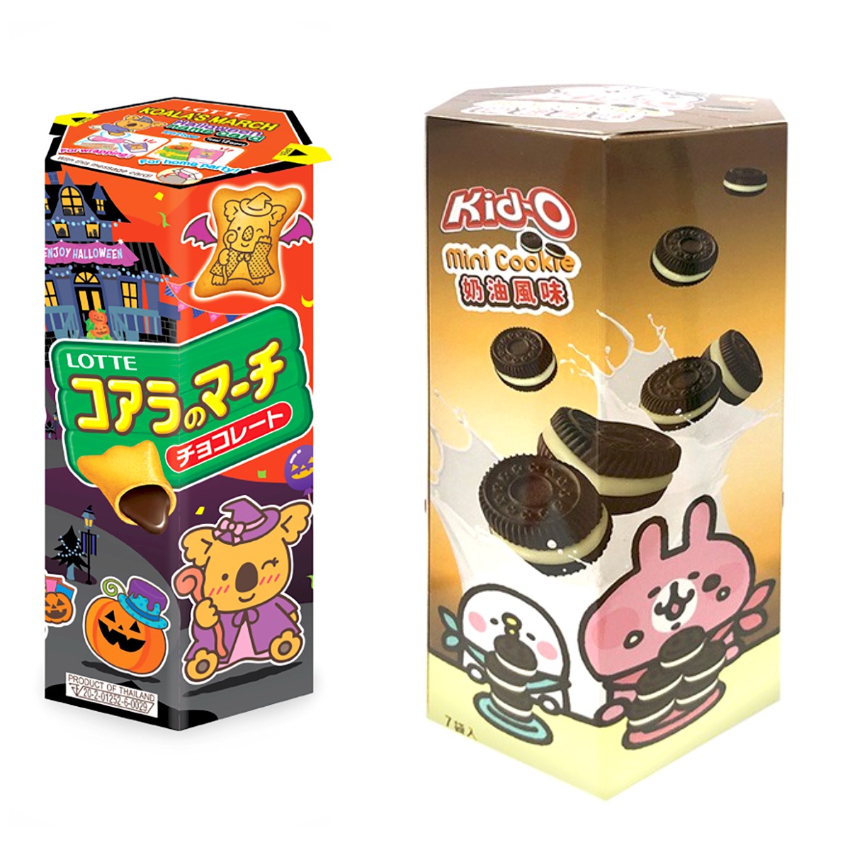 包含萬聖節獨家商品「卡娜赫拉Kid-O迷你夾心餅」，還有「樂天小熊餅萬聖節限定版-巧克力風味」、「布朗尼脆片餅乾20g」都能享第2件6折優惠。(圖片提供/ OK便利商店)