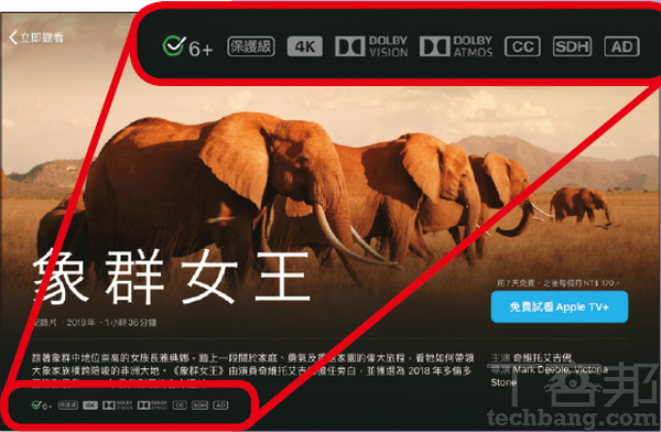 在Apple TV+的影片介紹中，會標示出影片解析度、杜比全景聲、杜比視界，以及有無CC、AD、DSH…等資訊。