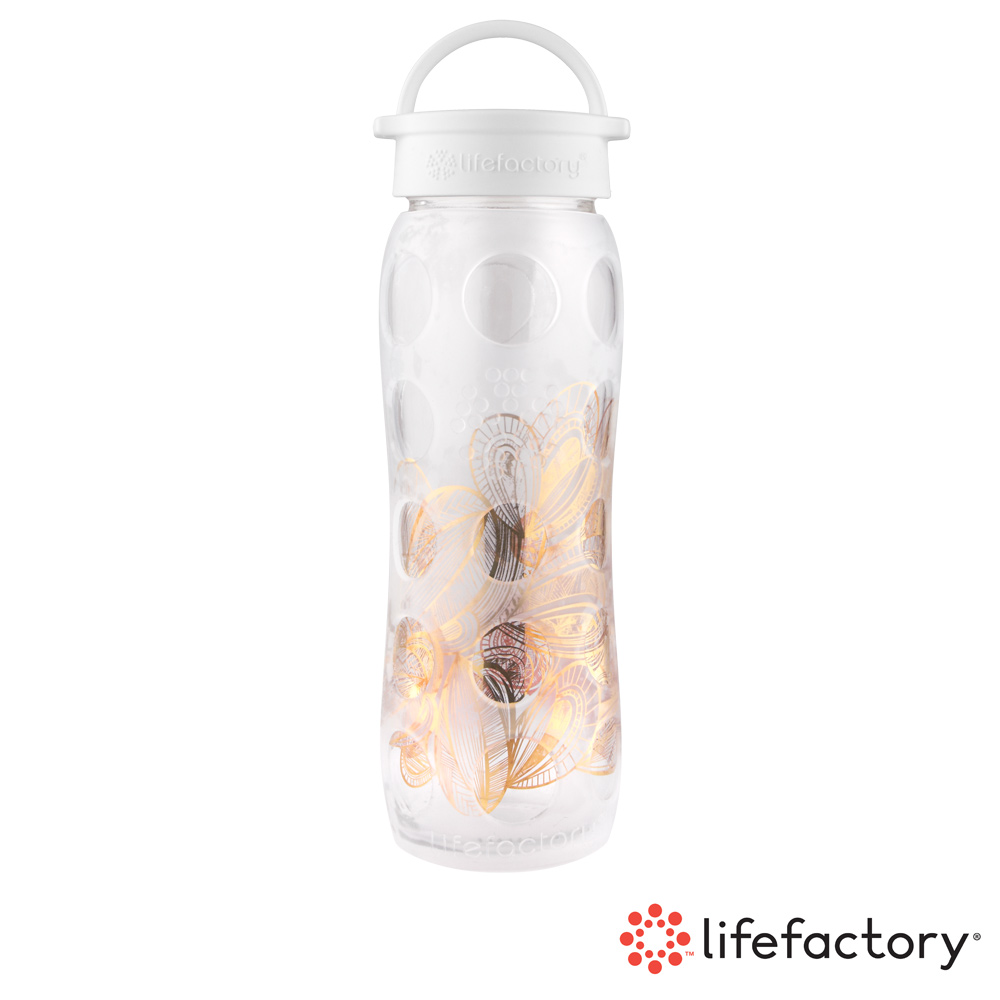 【Lifefactory】平口玻璃水瓶650ml-白金花飾