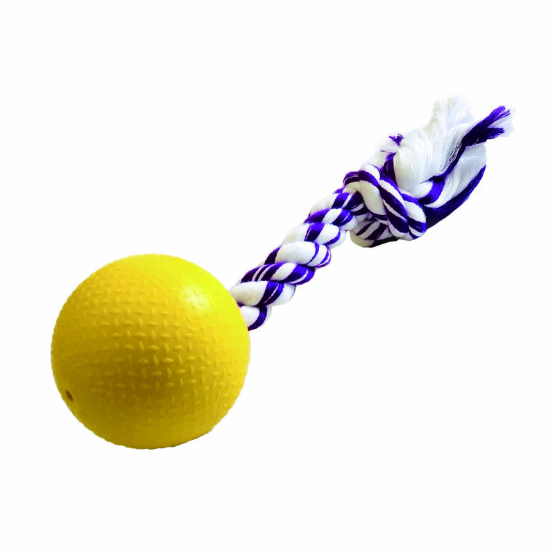 【款式】：麻花球組(麻花繩隨機色+黃色球體) 【尺寸】：麻花球組：總長21cm 球直徑6.5cm 【材質】：橡膠 【說明】： ．可裝入小零食或飼料，引誘寶貝邊玩邊吃 ．適合幼犬、小型犬、以及長牙或換牙