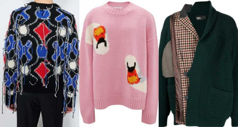 Charles Jeffrey Loverboy@onefifteen黑底紅藍白圖形長袖毛衣／21,780元、JW Anderson@onefifteen粉色天鵝圓領長袖毛衣／21,780元、KOLOR@onefifteen綠色拼接卡其格紋西裝外套／35,680元（圖／品牌提供）
