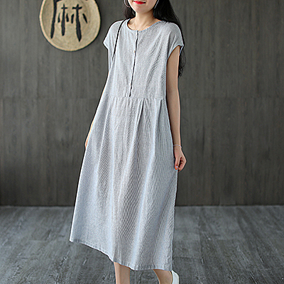 短袖 長裙 連身裙 洋裝 休閒 條紋 寬鬆