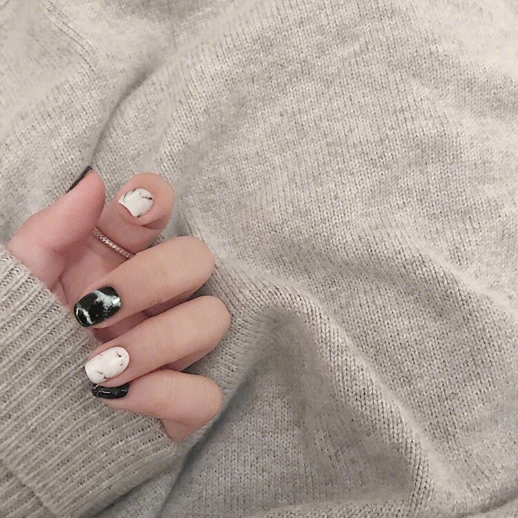 【現貨】 NWP0015 短款黑白大理石紋美人貼假指甲貼片美甲甲片成品防水持久