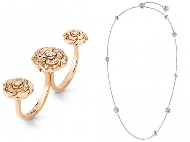 （左）CHANEL「Extrait de Camélia系列」18K粉紅金鑲嵌鑽石指間戒╱302,000元；（右）CHANEL「Bouton de Camélia系列」18K白金鑲嵌鑽石可轉換式長項鍊╱1,248,000元（圖片提供╱CHANEL）