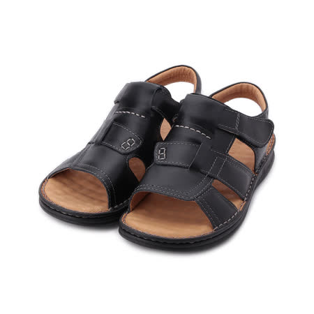 BONJO 真皮蠟感休閒涼鞋 黑 男鞋