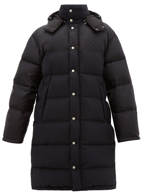 Gucci - Gucci's long black hooded coat is constructed with GG logo-jacquard shoulder and sleeve pane