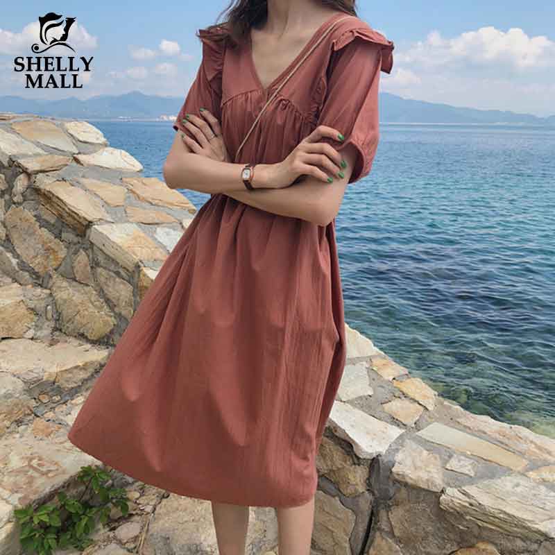 [優質現貨] 連衣裙 寬鬆連衣裙 木耳邊V領高腰娃娃裙子 素色長裙 百搭長裙 小清新 韓系 休閑風 短袖連衣裙 女生衣著