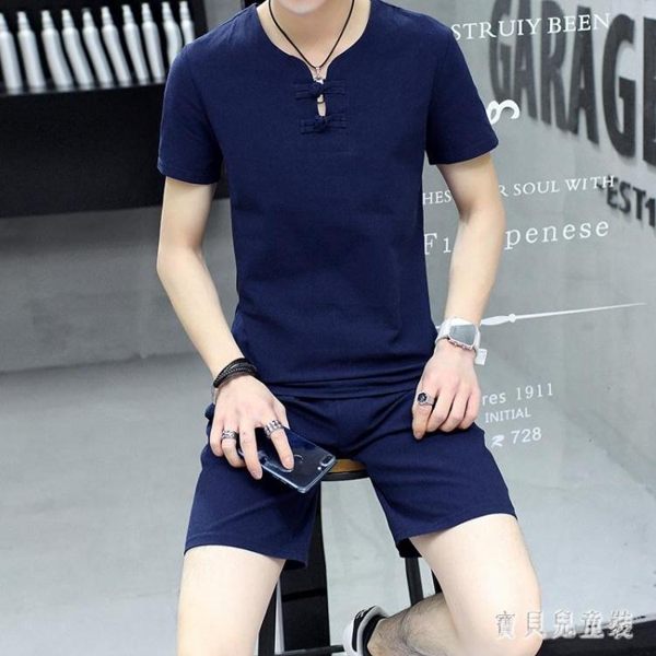 大碼男士棉麻兩件式套裝 復古時尚中國風短袖t恤 短褲居家服 CJ4095『寶貝兒童裝』