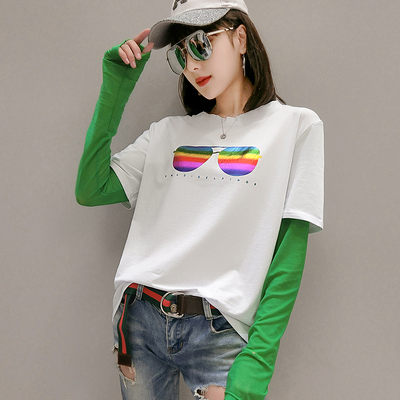 歐洲站夏炫彩3D閃亮漸變色太陽眼鏡印花防曬圓領T恤6893HF222依佳衣