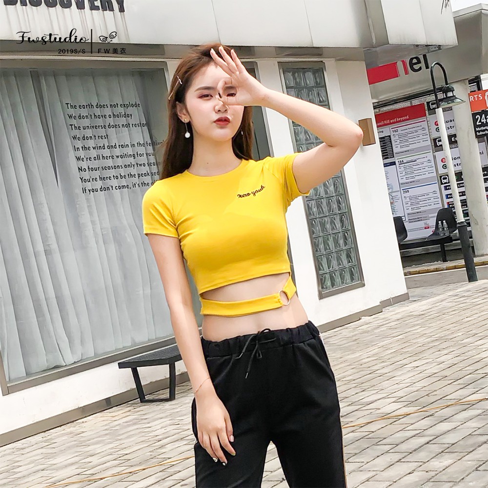 短板上衣 刺繡英文字露腰上衣 釦環挖腰短袖T恤 FW美衣 fw1a019