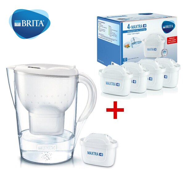 德國Brita Marella XL濾水壺3.5L(內含濾芯1入)+濾芯4入 MAXTRA濾芯(共5入)馬利拉 白色/藍色 德國製造