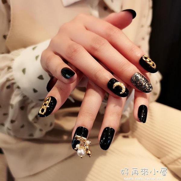假指甲成品 黑色 日系飾品吊墜 美甲貼片 可穿戴隨時摘戴指甲成品 好再來小屋