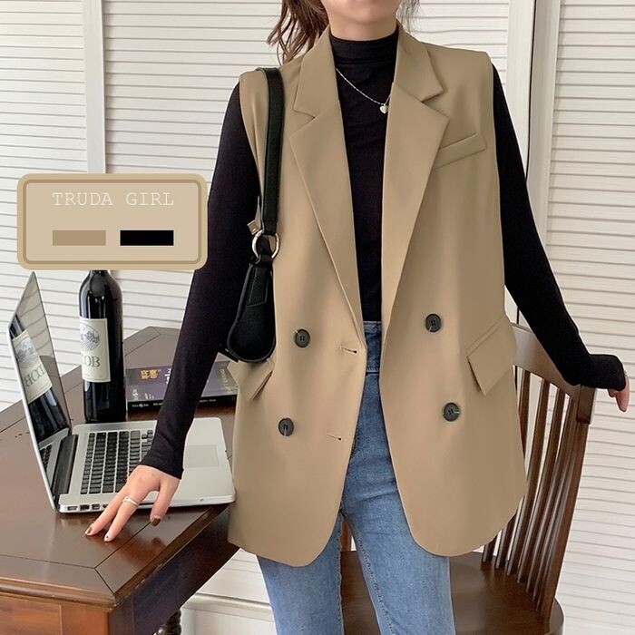 杜達女孩回眸率100% 翻領雙排釦長版西裝背心 翻領背心 馬甲背心 長版背心 外搭背心 西裝背心