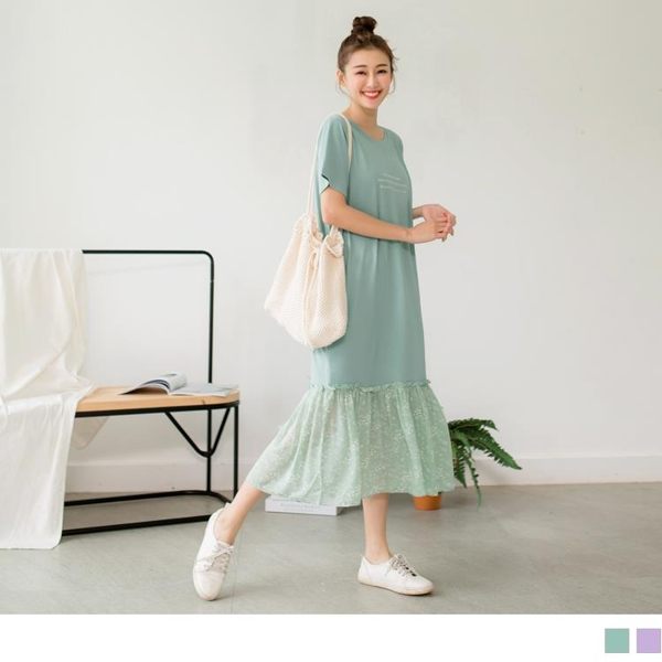 《DA6719》英文字燙印拼接雪紡荷葉裙擺長洋裝 OrangeBear