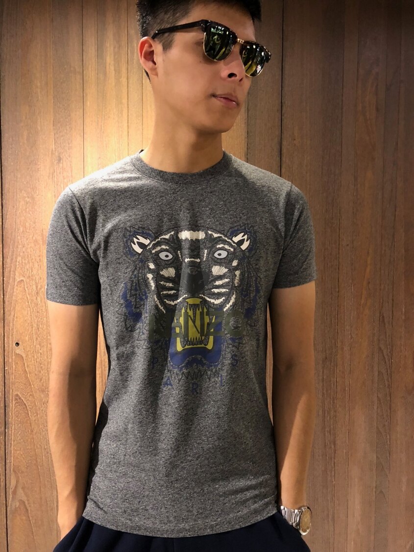 美國百分百【全新真品】KENZO 高田賢三 T恤 圓領 T-shirt 短袖 logo 虎頭 印圖 麻灰 S號 J071