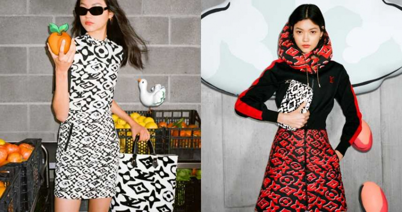 以紅黑、黑白兩種配色搭配全新經典花紋，讓整體重點回歸到印花的變形設計上。膠囊系列涵蓋服裝、配件與7款特別版包款，甚至是裝置藝術到櫥窗設計都可以見到Ursh Fischer的藝術創作。（圖／品牌提供）