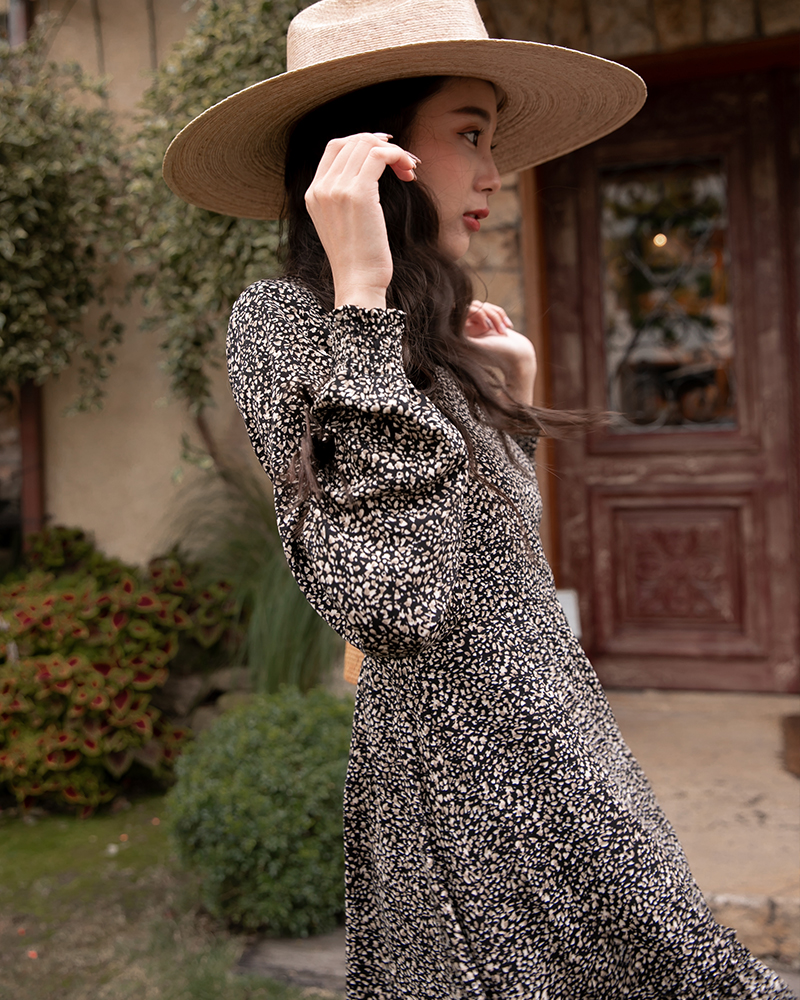 斑紋荷葉雪紡洋裝-Mercci22