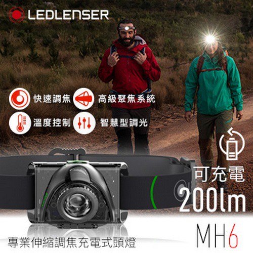 【LED LENSER 德國】MH6 專業伸縮調焦充電型頭燈 200流明【阿爾卑斯戶外】