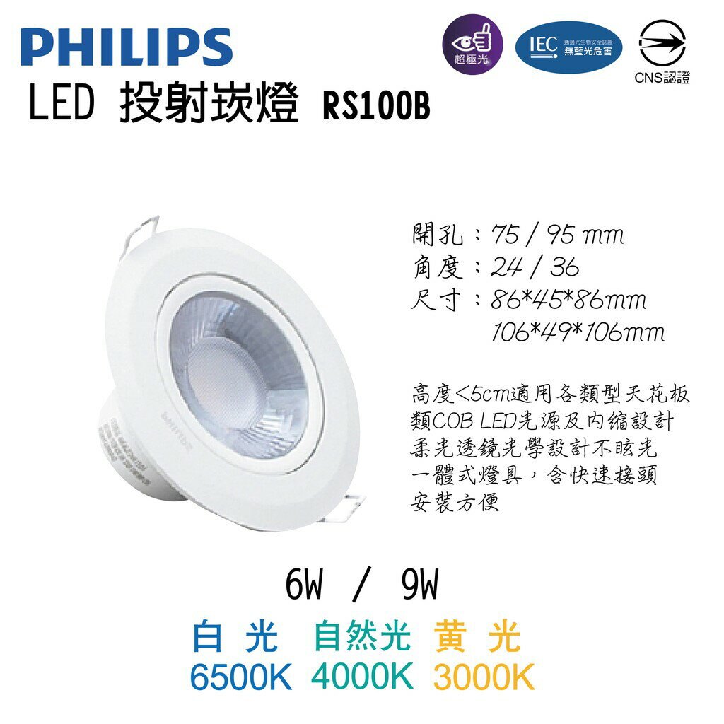 PHILIPS 飛利浦 RS100B LED崁燈 6W/9W D75 24/36角度投射燈