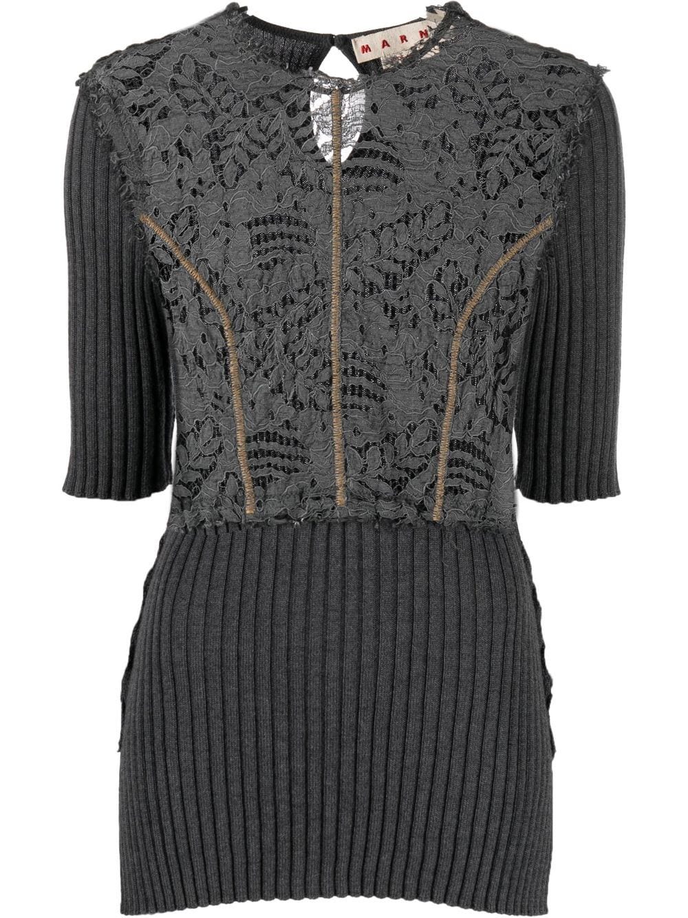 Marni - floral lace ribbed knit top - women - Virgin Wool/Cotton/Polyamide/Viscose - 44 - Grey