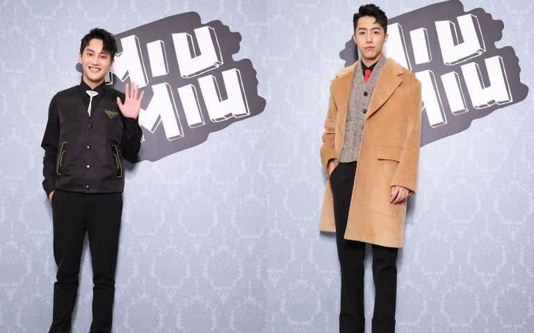 范：Prada 尼龍背心／59,000元、黑色襯衫／26,000元、黑色長褲／39,500元、皮革 Bolo Tie／9,400元、Techno Stretch 織物運動鞋／35,000元；蔡：Prada 駝色長版大衣／105,000元、無袖珍織毛衣／41,500元、黑色襯衫／26,000元、黑色長褲／37,500元、Majo 皮鞋／30,500元、紅色領帶／7,200元（圖／品牌提供）