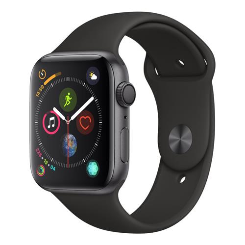 Apple Watch Series 4 GPS，44 公釐太空灰色鋁金屬錶殼搭配黑色運動型錶帶