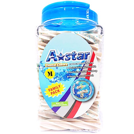 幫助維持消化道機能●是款超效多功能的潔牙零食品牌 : A STAR主要成分：米粉、小麥水解蛋白、 木薯澱粉、大豆蛋白、玉米粉、天然風味劑、甘油、植物油、纖維素粉末、碳酸鈣、複合維生素、薄荷提取物、可食