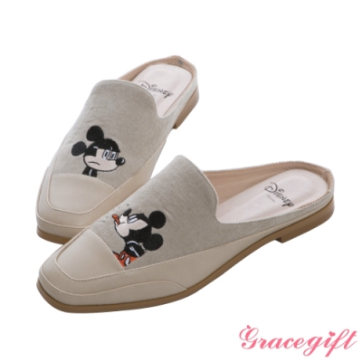Disney collection by gracegift-迪士尼厭世米奇電繡方頭穆勒鞋 淺灰