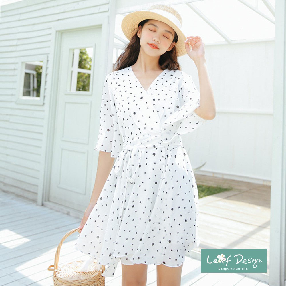 LEAF DESIGN韓系女神雪紡波點洋裝-白
