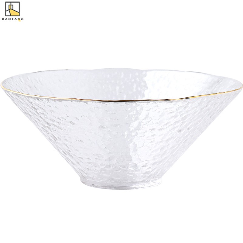 【現貨】半房 錘紋玻璃沙拉碗 家用水果寬口斗笠涼麵金邊甜品霜淇淋