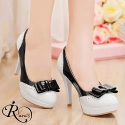 【iRurus 路絲時尚】歐美森女係拚色花邊雙層蝴蝶結防水台高跟包鞋/4色/35-43碼 (RX0808-D-33)現+預