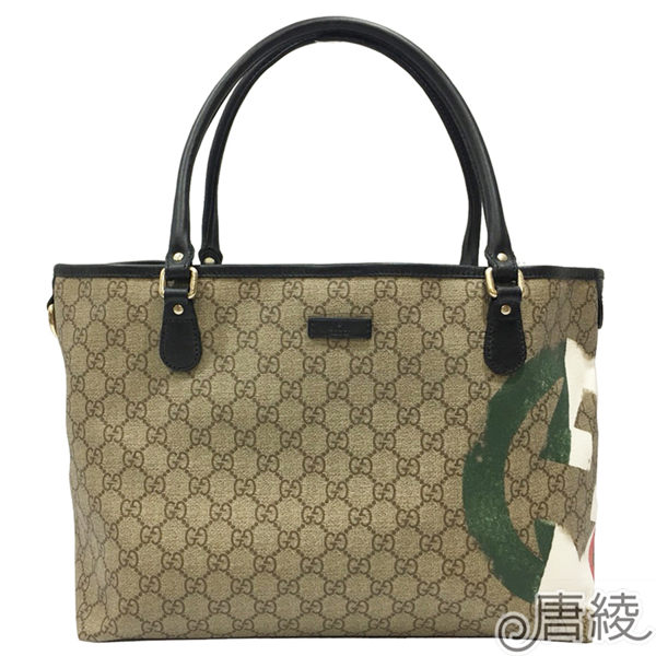 【GUCCI 古馳】203693 經典LOGO帆布牛皮飾邊義大利國旗肩背托特包(棕色)