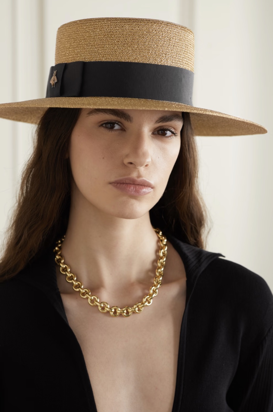 GUCCI 羅緞邊飾亮片金蔥編織草遮陽帽