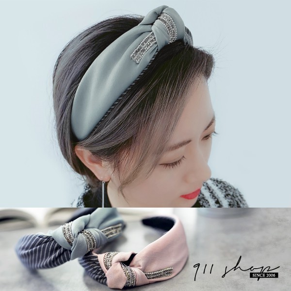 復古優雅鑽打結雙色條紋雪紡紗寬版髮箍【hb237】＊911 SHOP＊