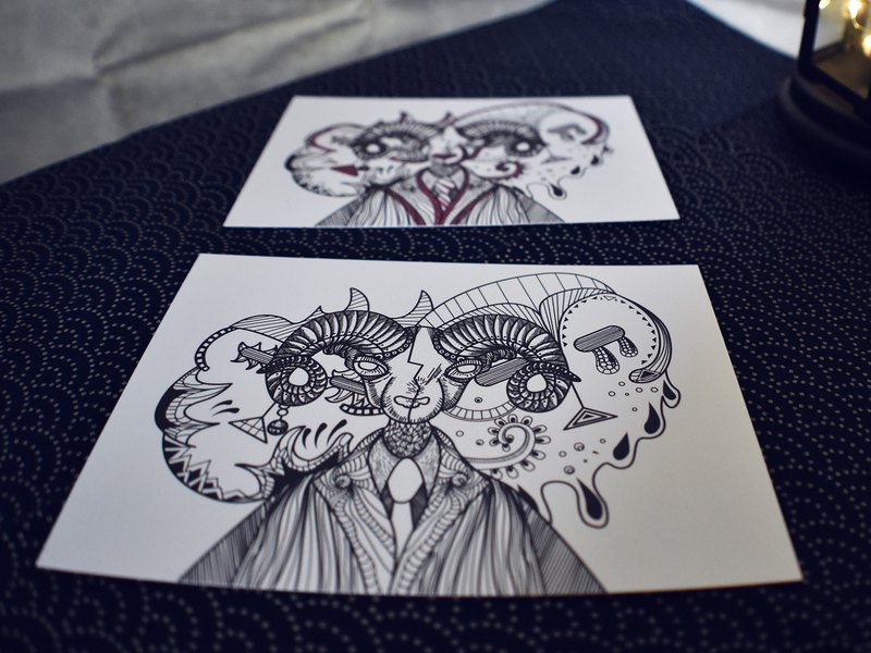 星座系列 雙面牡羊 線條式插畫 萬用卡