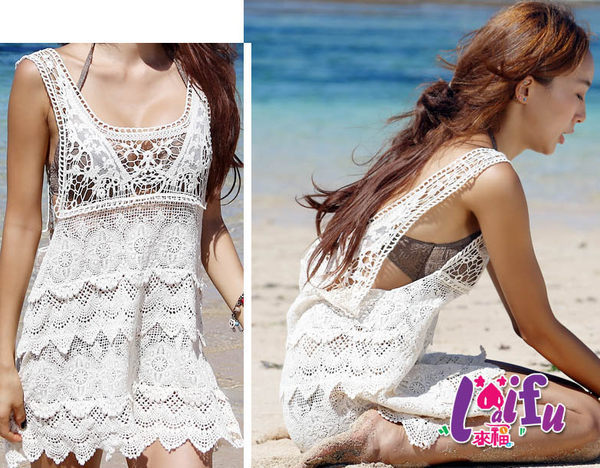 ★依芝鎂★58316魚尾鈎花沙灘衣背心裙鏤空性感防曬罩衫可配游泳衣泳裝，直購價550元
