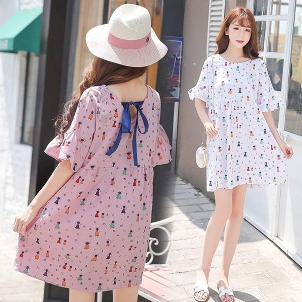 初心 韓國媽咪寶貝印花洋裝 【D7332】寬鬆 喇叭袖 短袖 洋裝