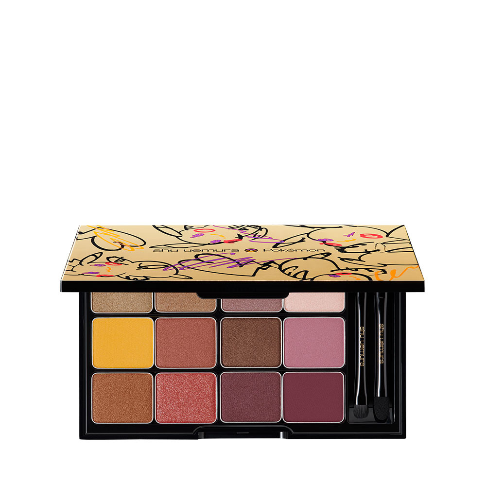 shu uemura x Pokémon限量聯名彩妝系列【皮卡秀12色眼彩盤】，令人難以抗拒、忍不住把玩的12色眼影盤，展現出各種電光色調眼影妝容。此款主打色明星眼影盤擁有代表皮卡秀的綺麗紅以及時尚黃