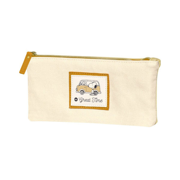 KAMIO JAPAN 雙材質扁型筆袋 SNOOPY 旅行車 黃_KM00407