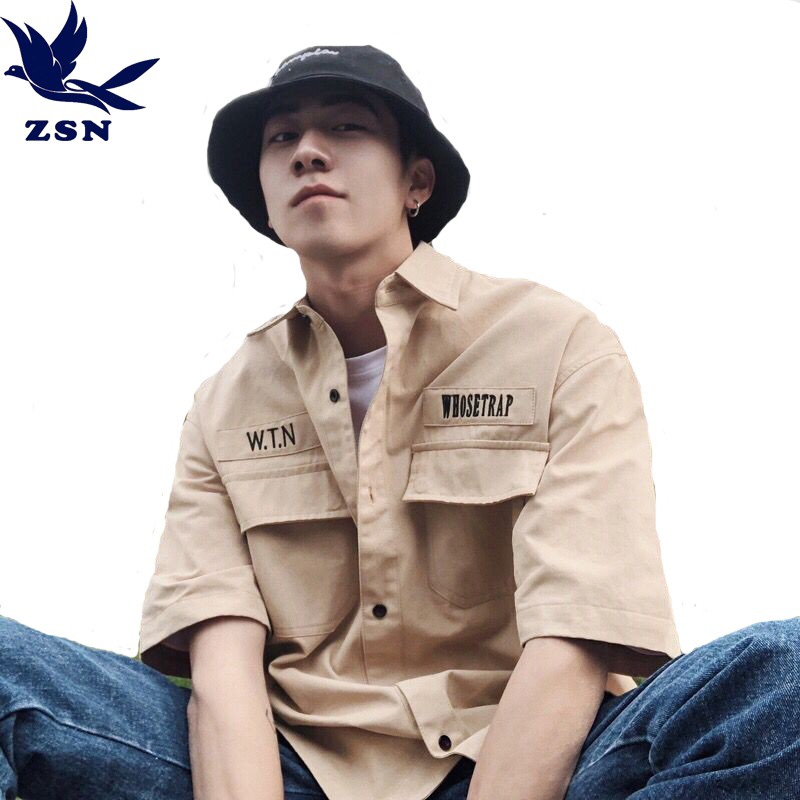 港風刺繡印花短袖襯衫 日系戶外大碼工裝襯衫 百搭透氣耐磨五分袖襯衫 時尚文藝男生襯衣 復古寬鬆薄外套 襯衫上衣 襯衫外套