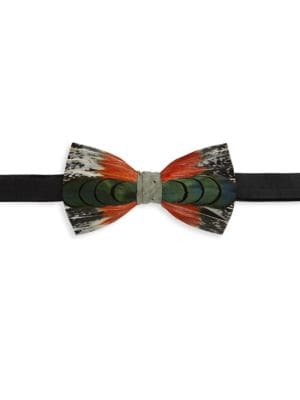 Pheasant feather bow tie crafted in luxe silk; 4.5