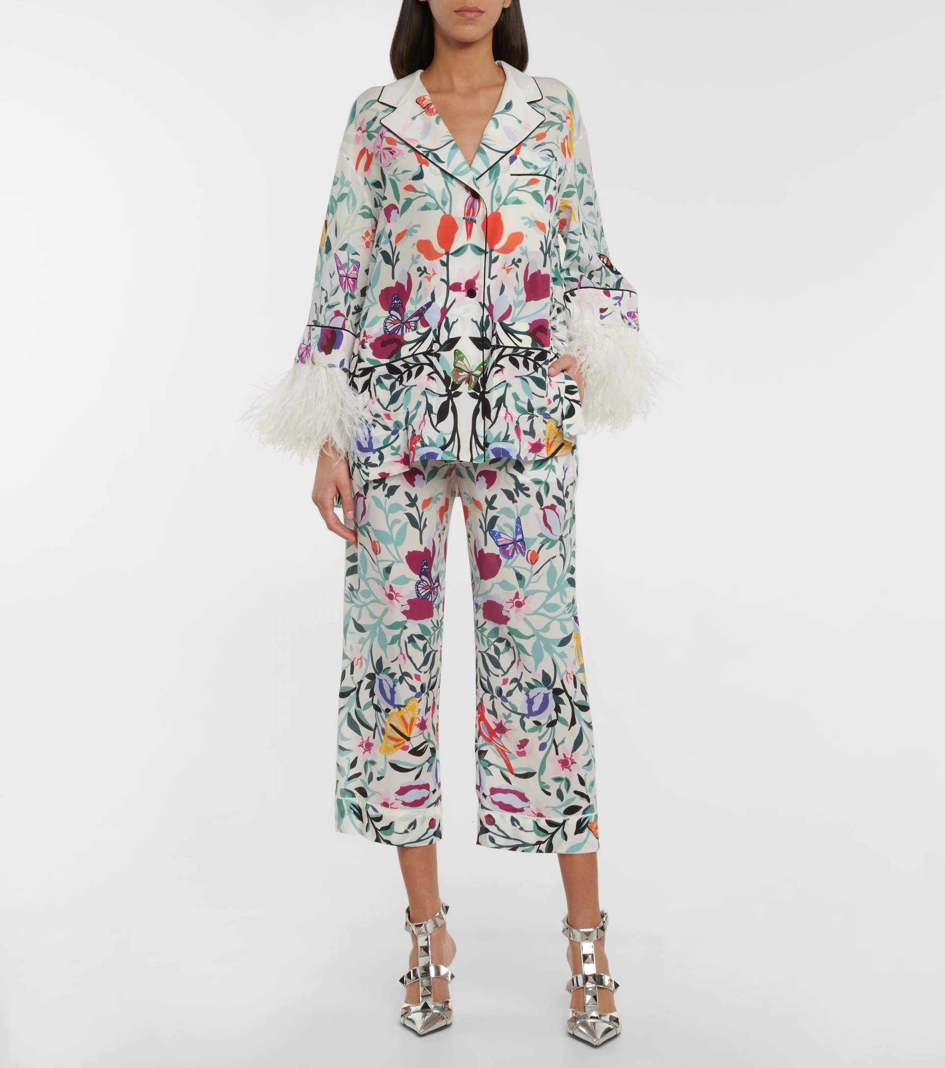 VALENTINO Feather-trimmed silk pajama shirt