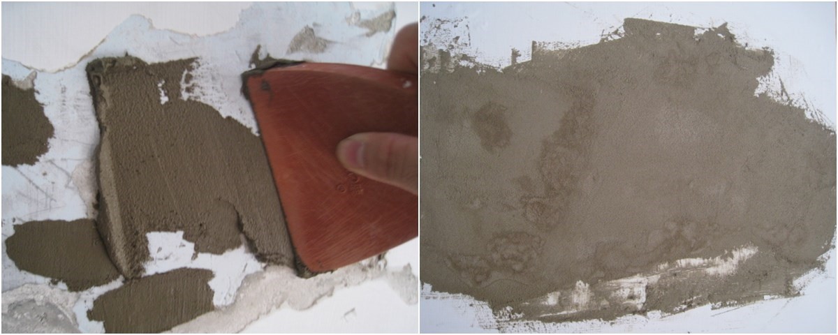 較淺坑洞用橡皮刮刀修飾平整，若無法附著，請確實清理粉屑再上工（左）；若原壁面較為潮濕，建議做完水泥粉漿的修補後，靜置 7 天以上再行美化（右）。