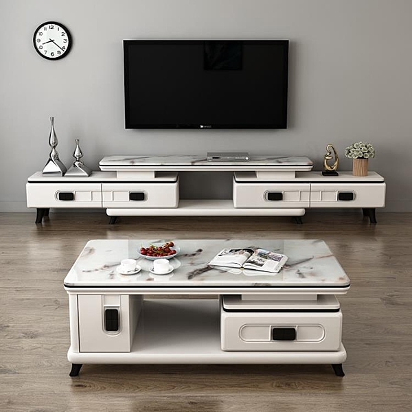 簡約現代客廳大理石茶幾電視柜組合爵士白烤漆伸縮小戶型鋼化玻璃