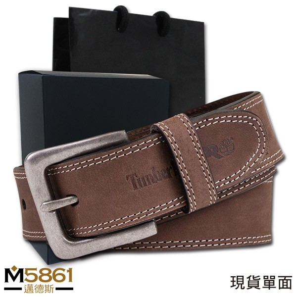 【Timberland】皮帶 單面 雙車線 仿舊銀扣頭／炭咖啡
