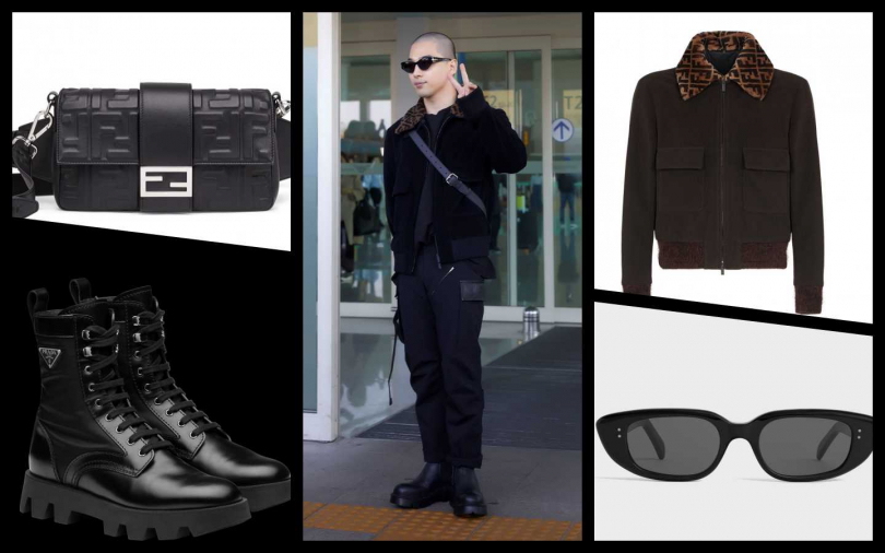太陽穿搭推薦單品：(左上)FENDI 黑色FF Logo Baguette包款／100,000元；(左下)Prada PradaUomo黑色軍靴／37,000元；(右上)FENDI Black FF Logo Collar Jacket外套／130,000元；(右下)CELINE CAT EYE黝黑色膠框貓眼墨鏡／13,750 元 