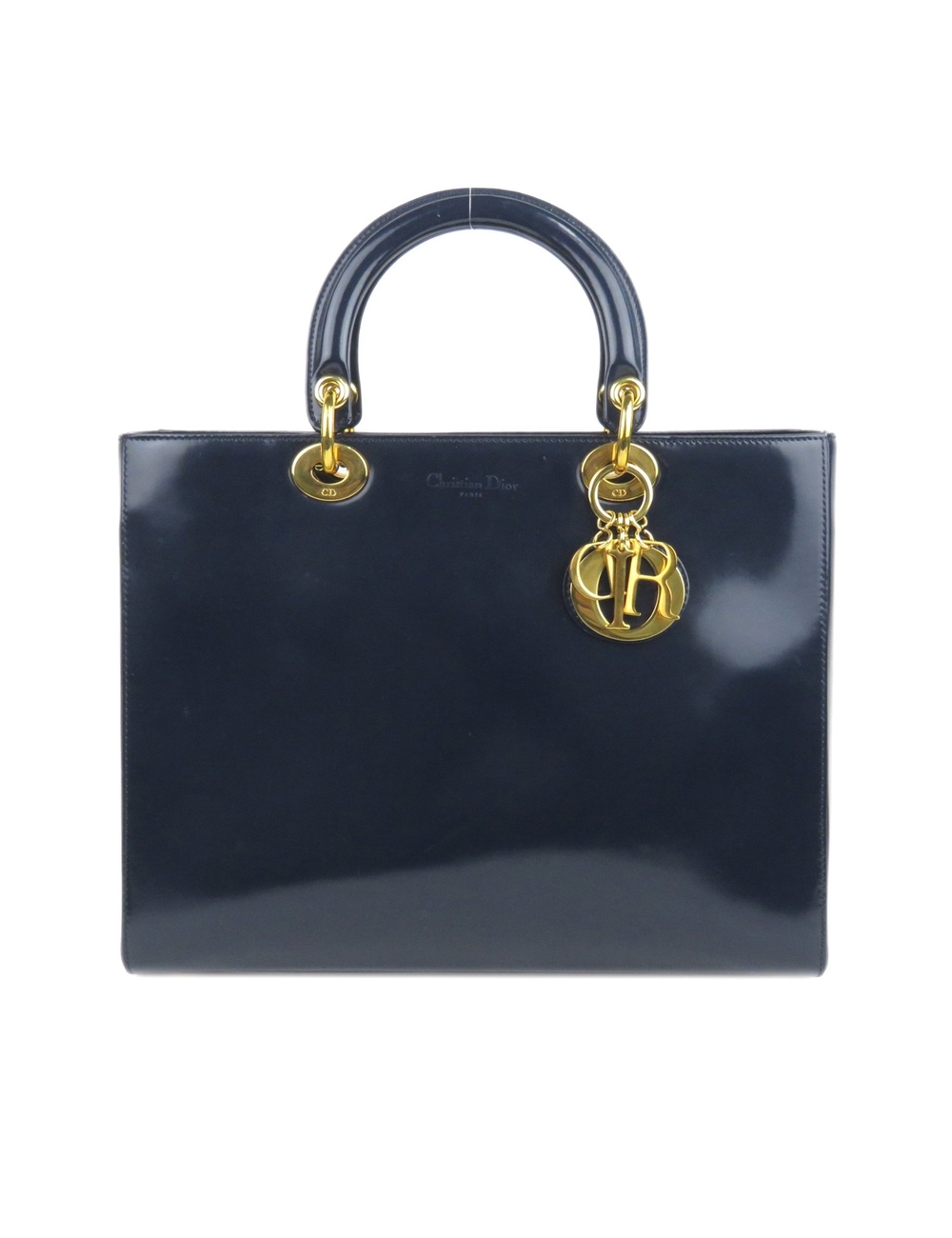 Product Details: Blue Dior Lady Dior Patent Leather Satchel Bag. The Lady Dior satchel features a pa