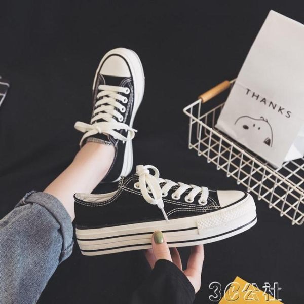 潮鞋新款帆布鞋女鞋厚底ins板鞋百搭秋鞋布鞋小黑鞋子